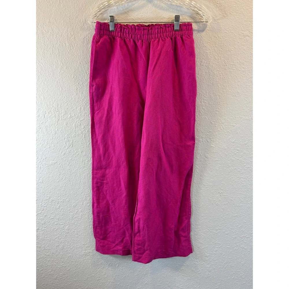 H&M Linen Blend Wide Leg Pants Magenta Pink Elastic Waist Womens XS New